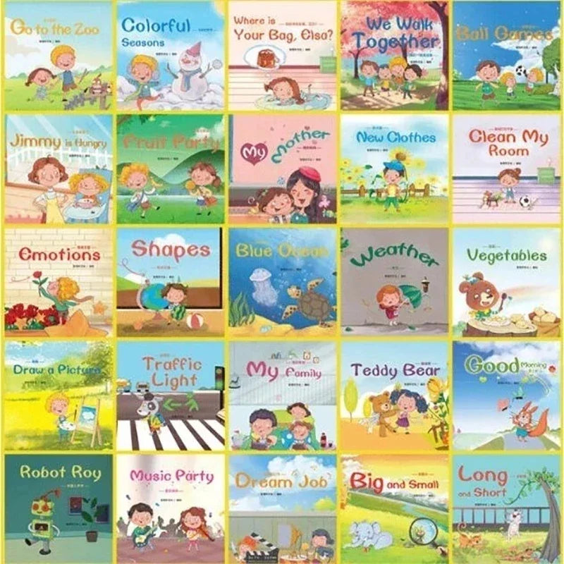 A grid of 60 picture books for early English learning and bedtime stories featuring various colorful illustrations.