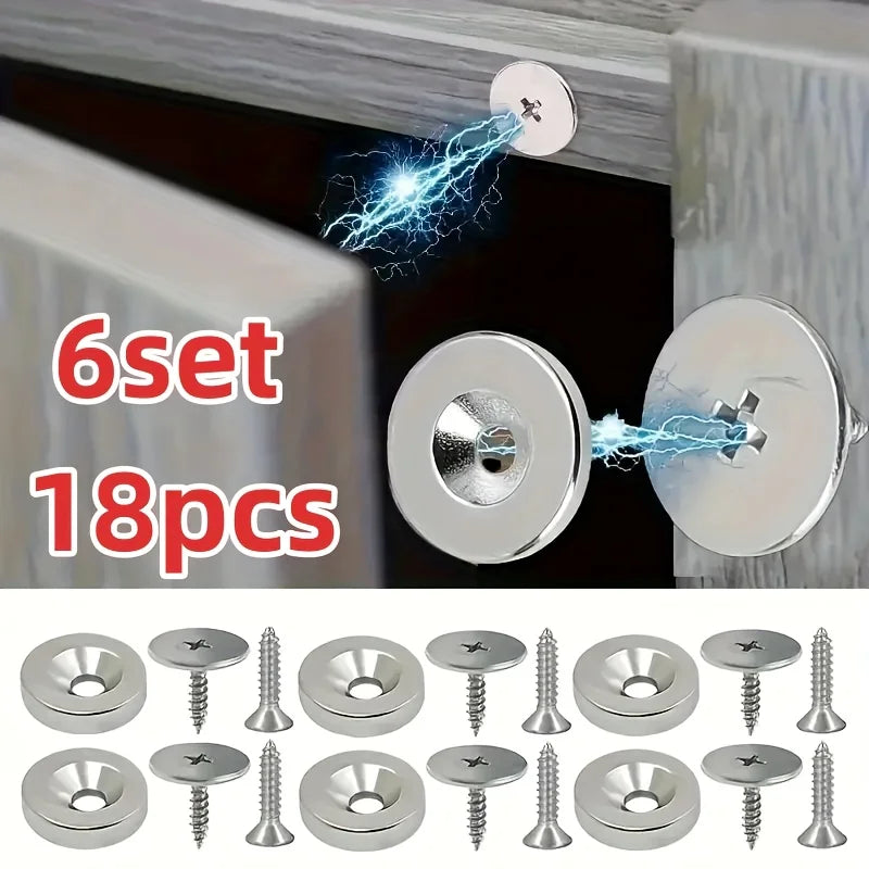 A set of magnetic cabinet door catches and hinges shown in various sizes and angles for cabinet doors.
