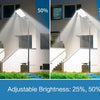 Adjustable brightness levels of a solar-powered LED security flood light shown in various lighting conditions.