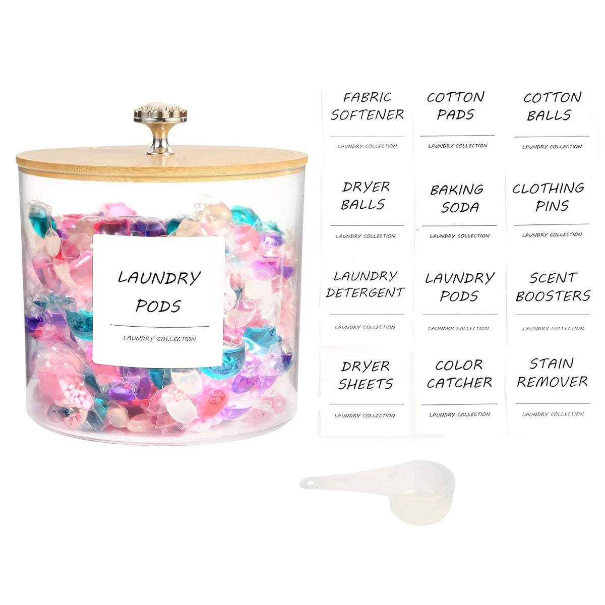 Clear glass storage container with a lid filled with colorful laundry pods and various laundry accessories.