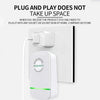 A white plug-in energy saver box with a cord, shown next to text explaining it does not take up space.