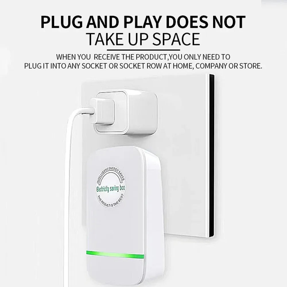 A white plug-in energy saver box with a cord, shown next to text explaining it does not take up space.