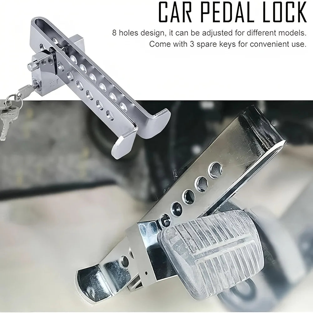 Stainless steel adjustable brake pedal lock with 8 holes and three spare keys for vehicle security