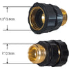 A set of black and brass quick connectors for garden hoses, showing dimensions of 1.2 inches and 1 inch.