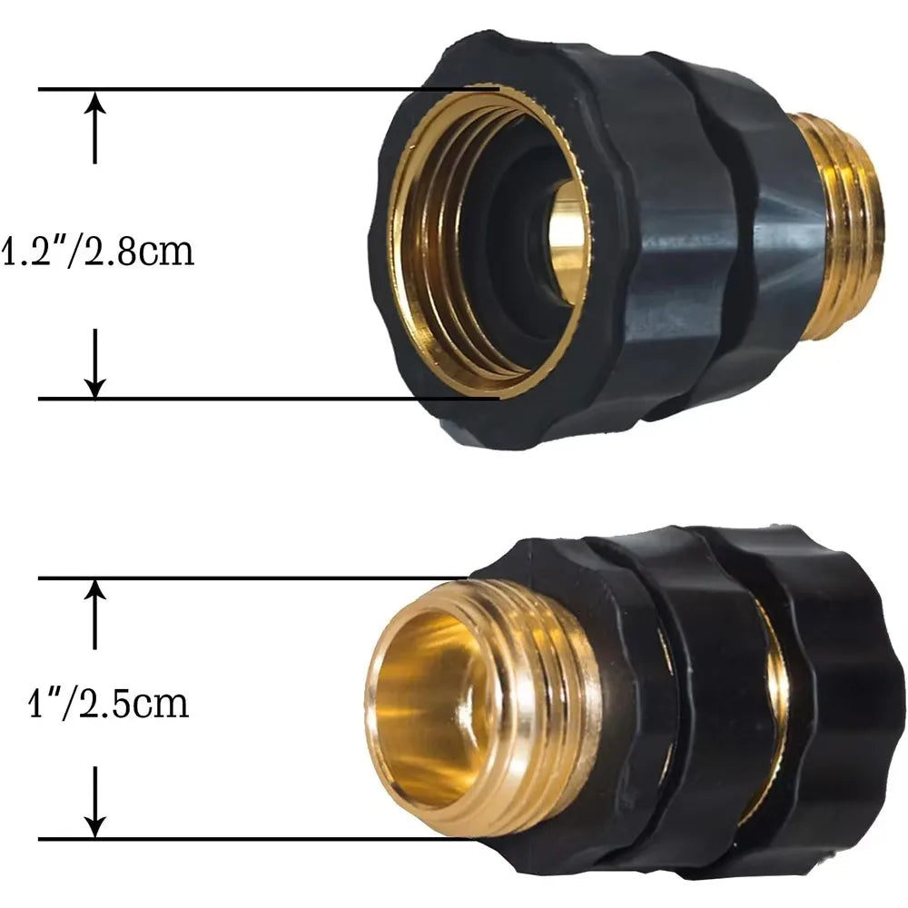 A set of black and brass quick connectors for garden hoses, showing dimensions of 1.2 inches and 1 inch.