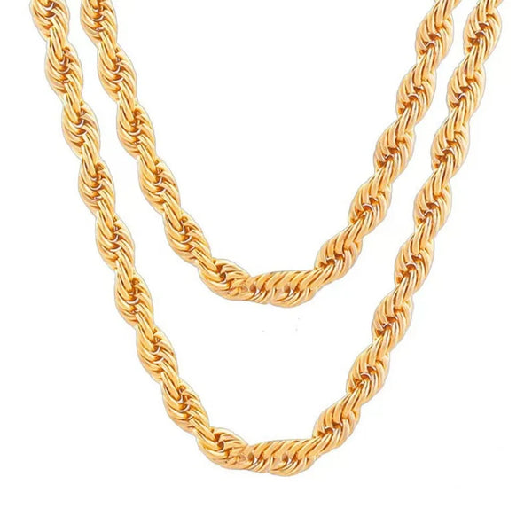 A close-up of a gold-plated sterling silver rope chain necklace displayed against a white background.