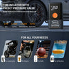Portable tire inflator and jump starter device with preset pressure values for various tires