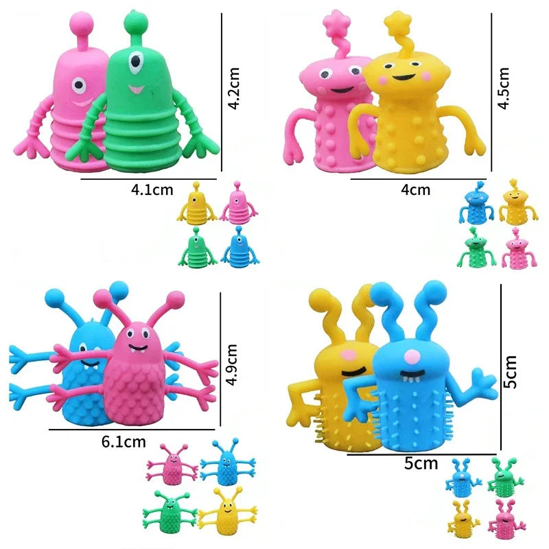 A collection of colorful monster-themed finger fidget toys in various sizes and shapes.