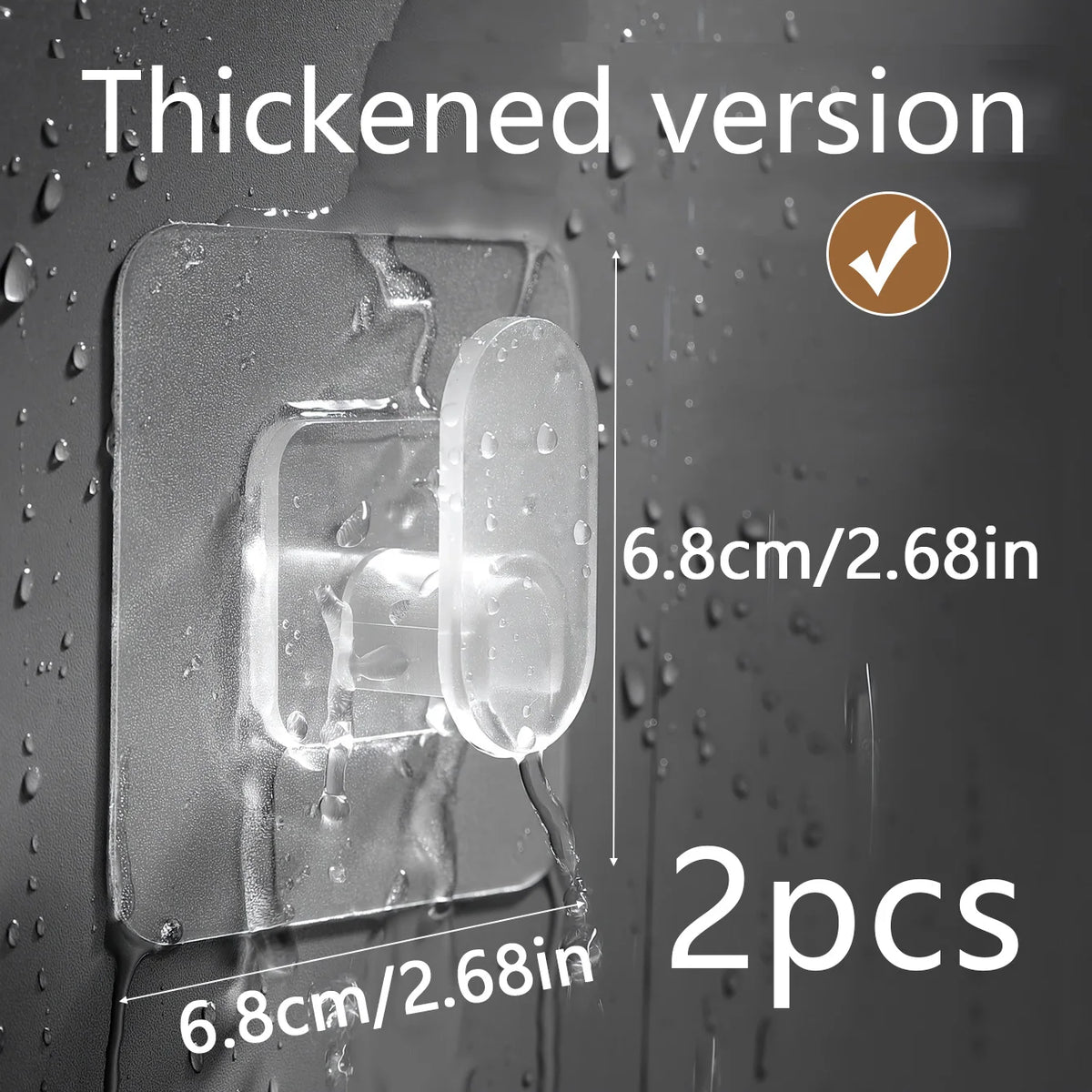 A close-up photo showing a thickened version of an adhesive hook, measuring 6.8cm/2.68in and packaged as 2 pieces.