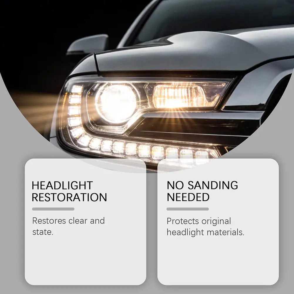 Close-up of a car's headlight with restored clarity, showing the effect of a headlight restoration kit.