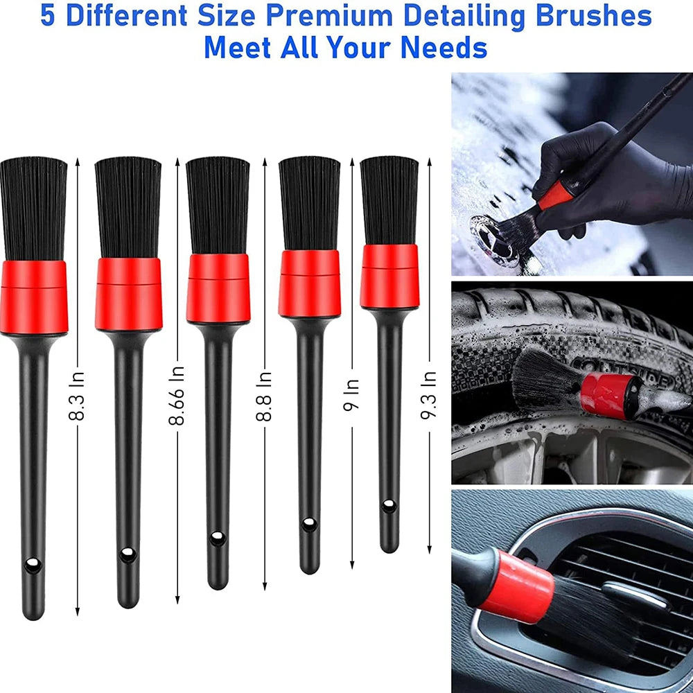 Five different size premium detailing brushes with extensions for home and auto cleaning