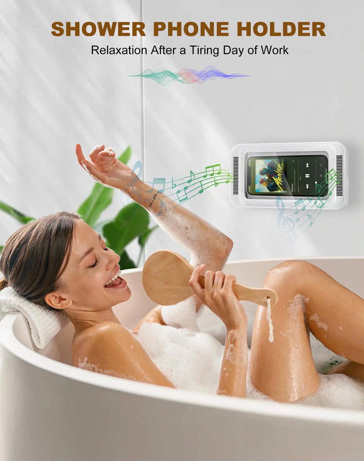 A woman relaxes in a bathtub while using a shower phone holder to watch content.