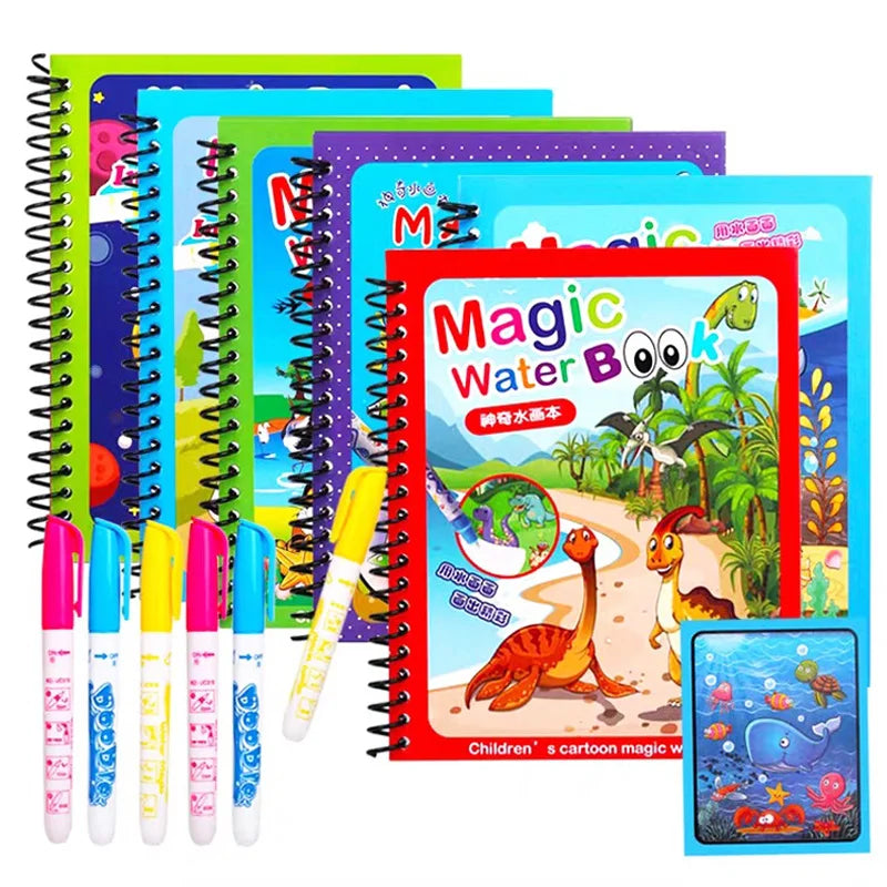 A set of colorful reusable water drawing books for children with plastic pens and illustrations.