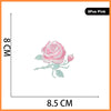 Pink rose embroidery patch measuring 8.5 cm long and 8 cm high.