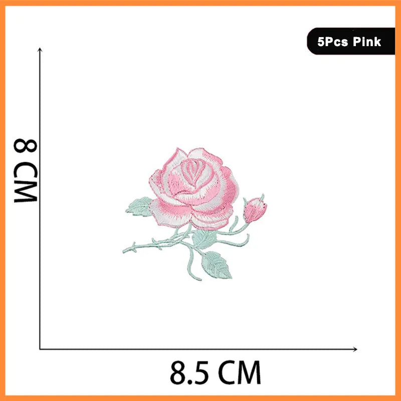 Pink rose embroidery patch measuring 8.5 cm long and 8 cm high.