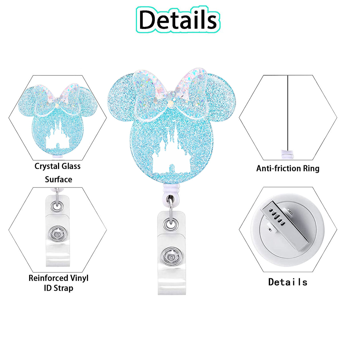 A sparkling pink and blue Disney-themed badge reel featuring a castle design on a clear glass surface attached to a white str