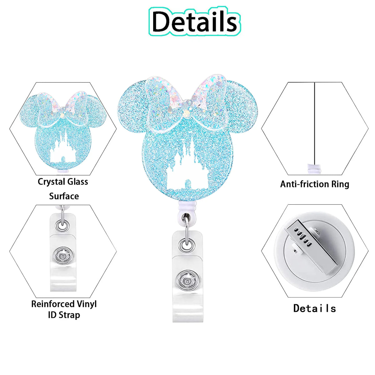 A sparkling pink and blue Disney-themed badge reel featuring a castle design on a clear glass surface.