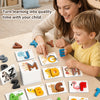 A mother and child play a wooden spelling word game using letter matching cards for early learning.