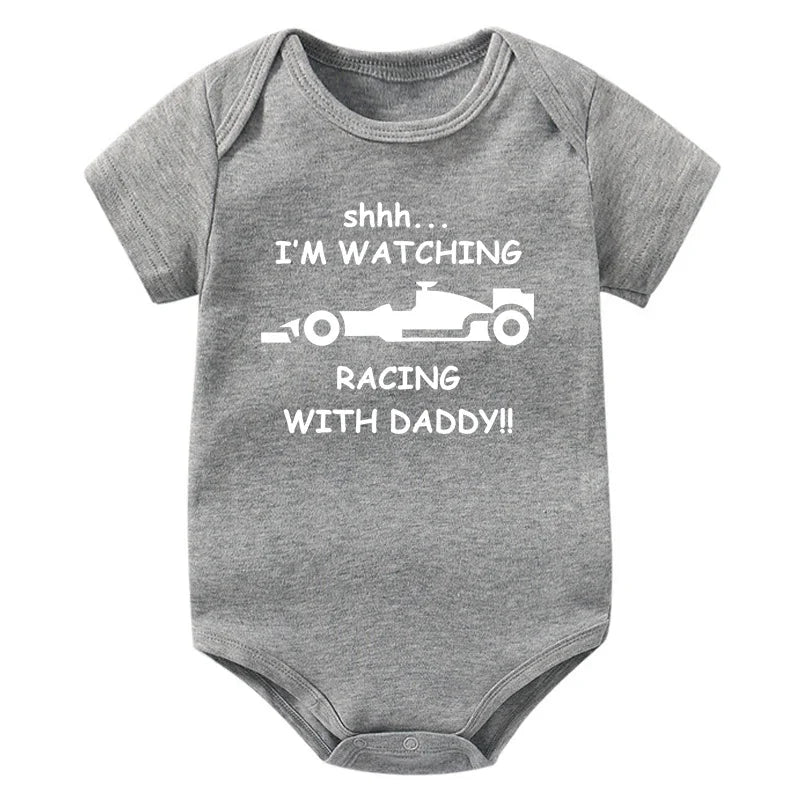 Funny Racing Baby Bodysuit - 'Watching Racing with Daddy' Newborn Romper