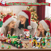 A family is playing with a set of Christmas-themed building blocks and toys in a festive holiday setting.