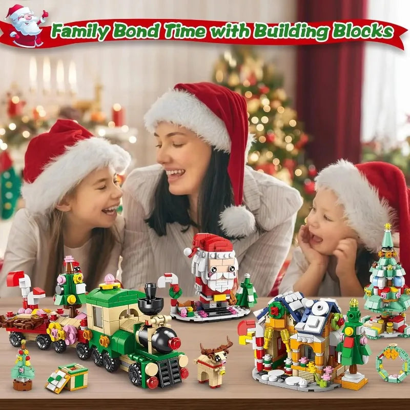 A family is playing with a set of Christmas-themed building blocks and toys in a festive holiday setting.