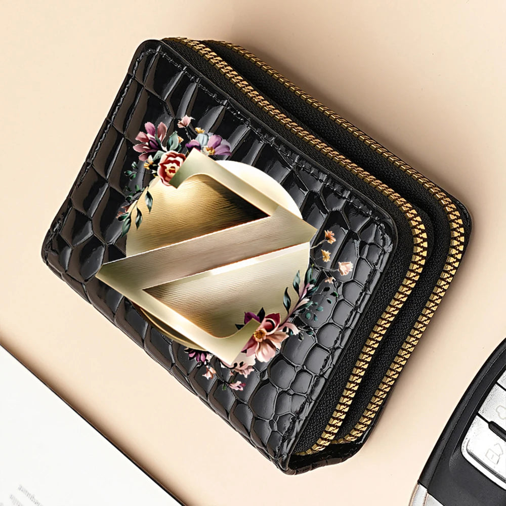 Alphabet Flower Double-Zip Card Wallet with Secure Clasp