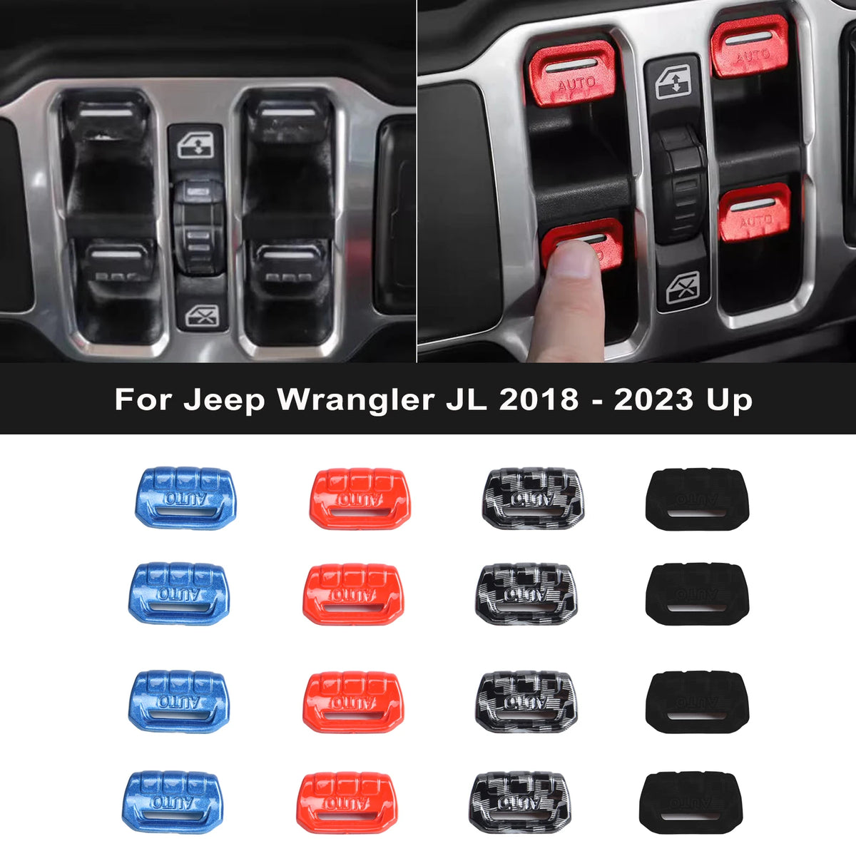 Set of window switch trim covers for Jeep Wrangler JL and Gladiator JT vehicles in various colors