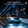 A modern car driving at night, featuring a dashcam with Super Night Vision technology capturing clear details.