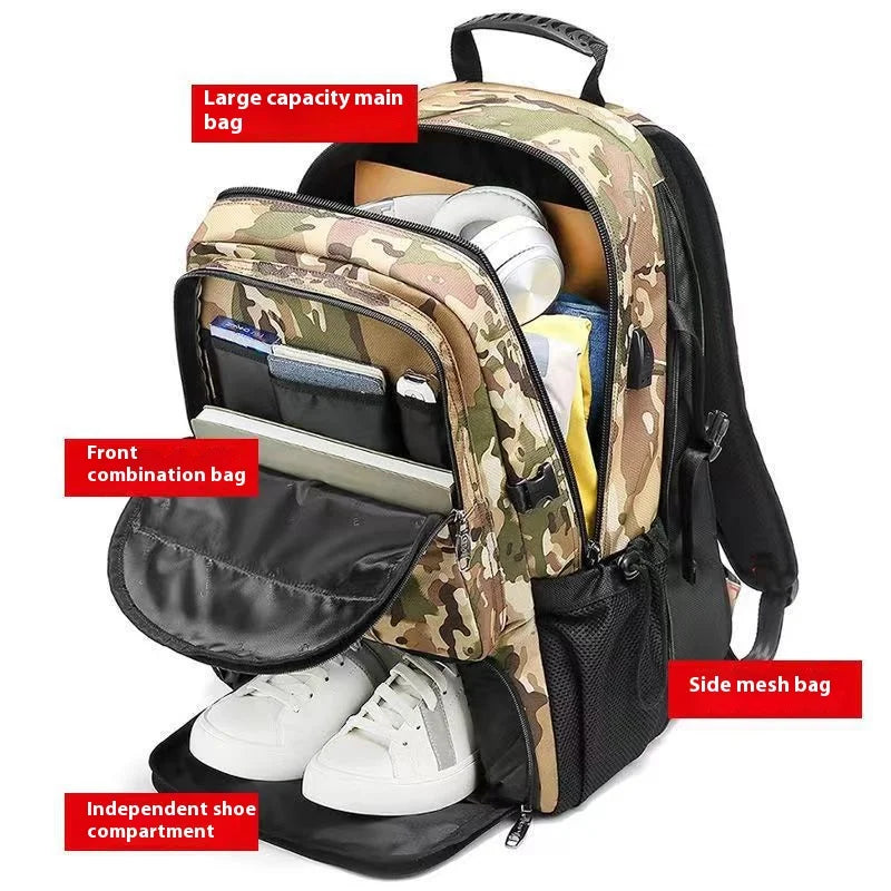 A large travel backpack featuring a main bag, front combination bag, and an independent shoe compartment.