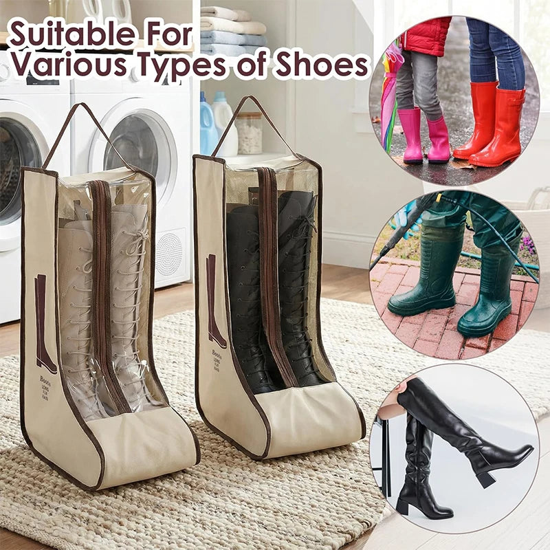 Two beige waterproof boot storage bags with handles displayed on a woven rug, showing various boots inside.