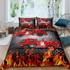 A firefighter themed duvet cover featuring a red fire engine and flames on a dark background.