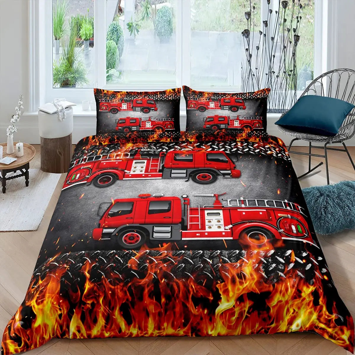 A firefighter themed duvet cover featuring a red fire engine and flames on a dark background.