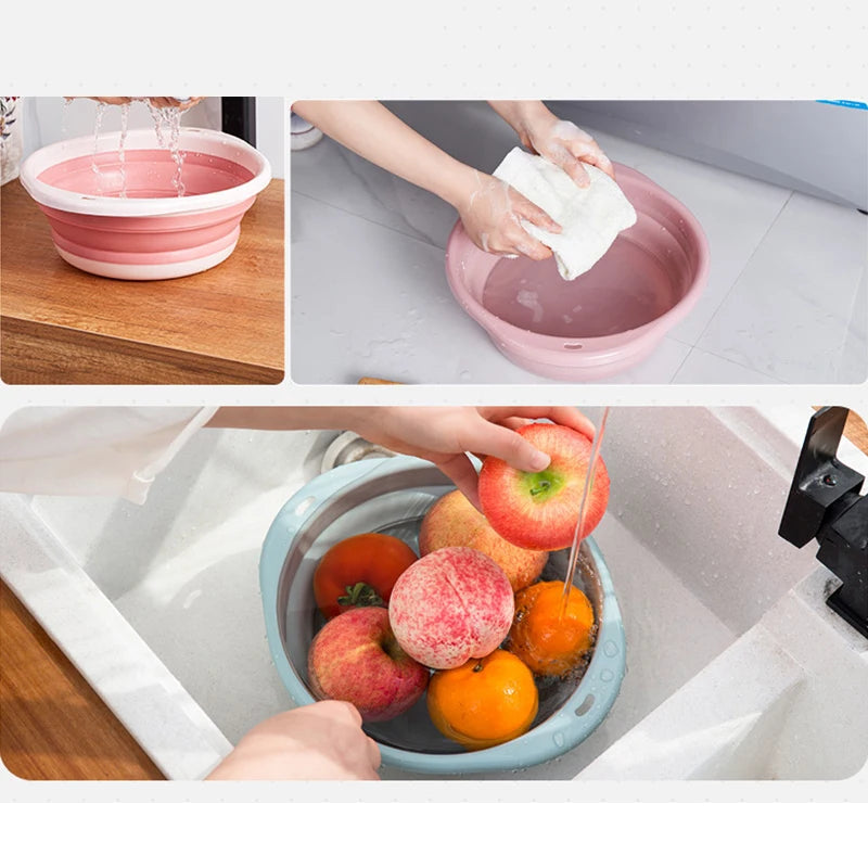 Close-up shots show a pink wash basin being used for cleaning, including washing fruit and vegetables.