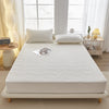A white fitted mattress protector is displayed on a bed with pillows and natural light.