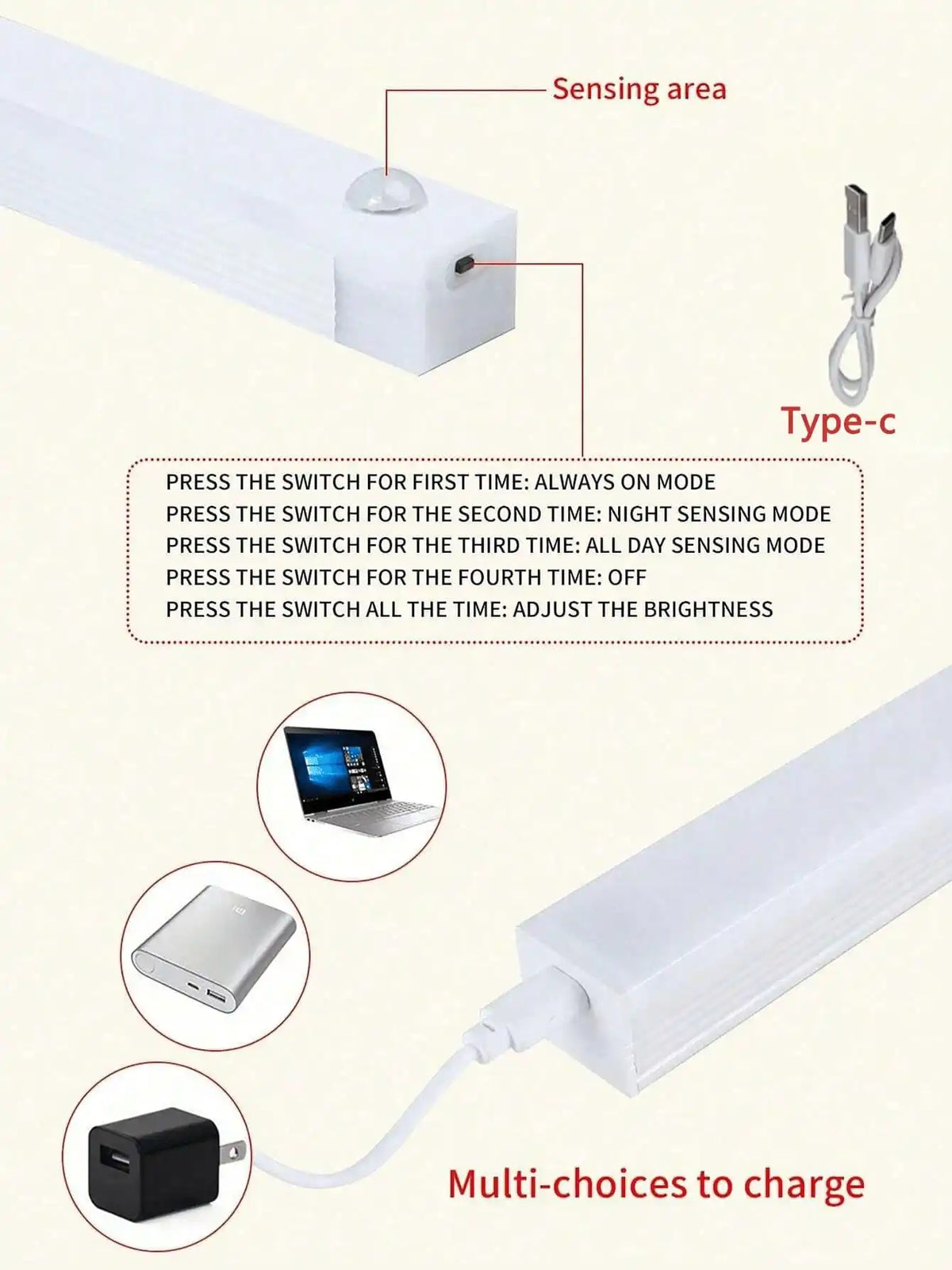 A white motion sensor LED night light with a sensing area and multiple switch modes shown alongside charging options.