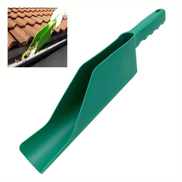 A green flexible roof gutter cleaning tool is shown next to a section of brown roofing material.