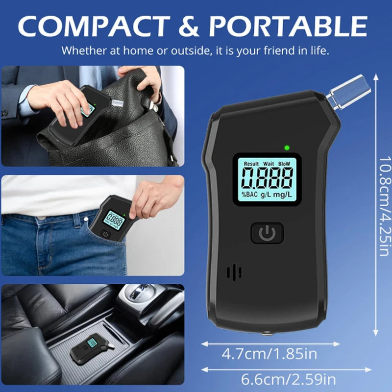 A compact black portable digital breathalyzer device shown in various contexts including a bag, on a person's hand, and in a 