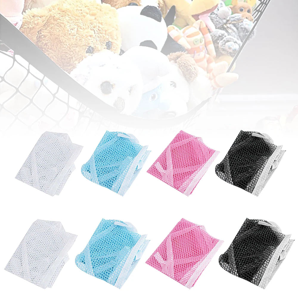 Various mesh toy storage hammocks in white, blue, pink, and black for organizing toys.