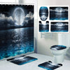 Ocean wave bathroom set featuring a shower curtain, rugs, and toilet lid cover displayed in a bathroom setting.