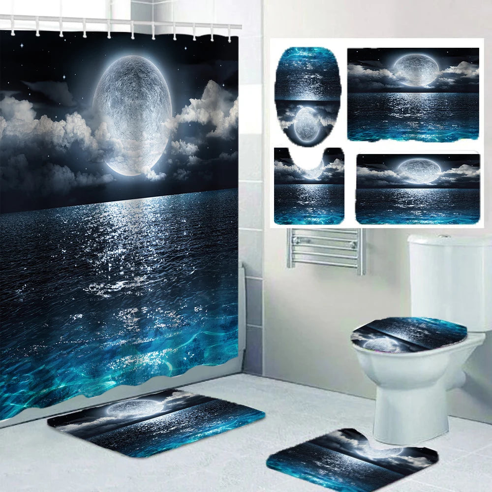 Ocean wave bathroom set featuring a shower curtain, rugs, and toilet lid cover displayed in a bathroom setting.