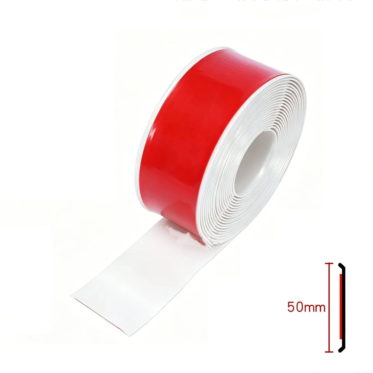 A roll of red and white self-adhesive car door edge protector strip with a measuring scale.