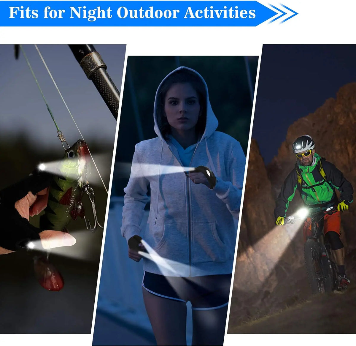 A woman wearing a gray hoodie is illuminated by a bright light, suggesting fits for night outdoor activities.