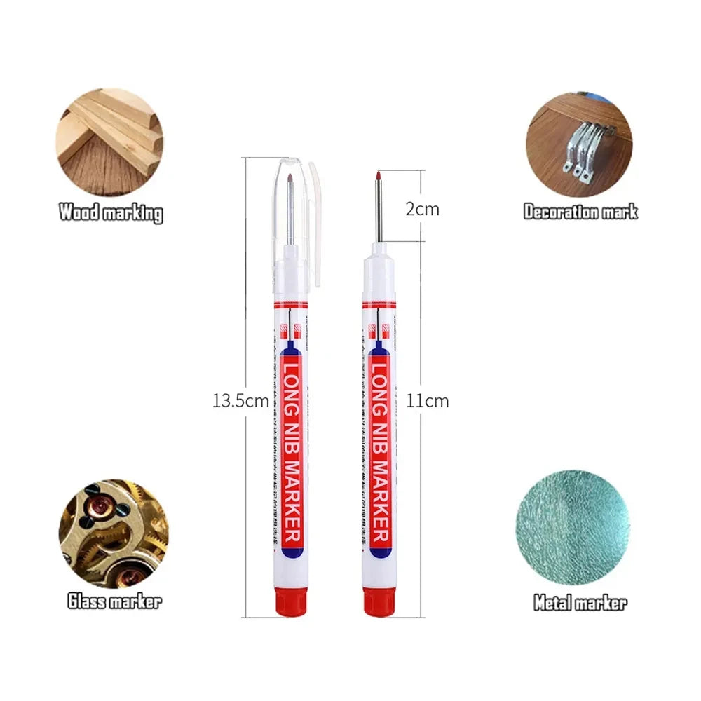 Set of long nib markers including wood, glass, and metal markers for marking.