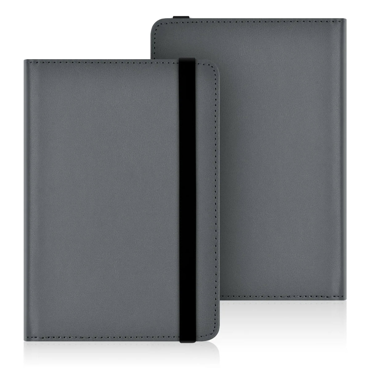 A dark gray universal e-reader case with a black hand strap shown in a flat lay view.