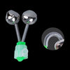 A close-up view of a fishing rod bite alarm bell with a silver sphere and a green clip-on indicator.