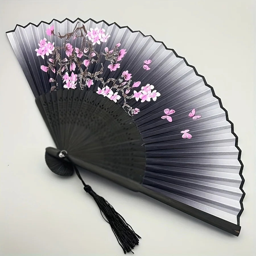 Vintage Floral Hand Fan with Cherry Blossom Artwork