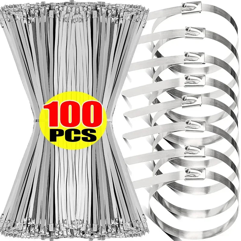 A bundle of 100 reusable self-locking stainless steel cable ties, shown alongside a coiled example.