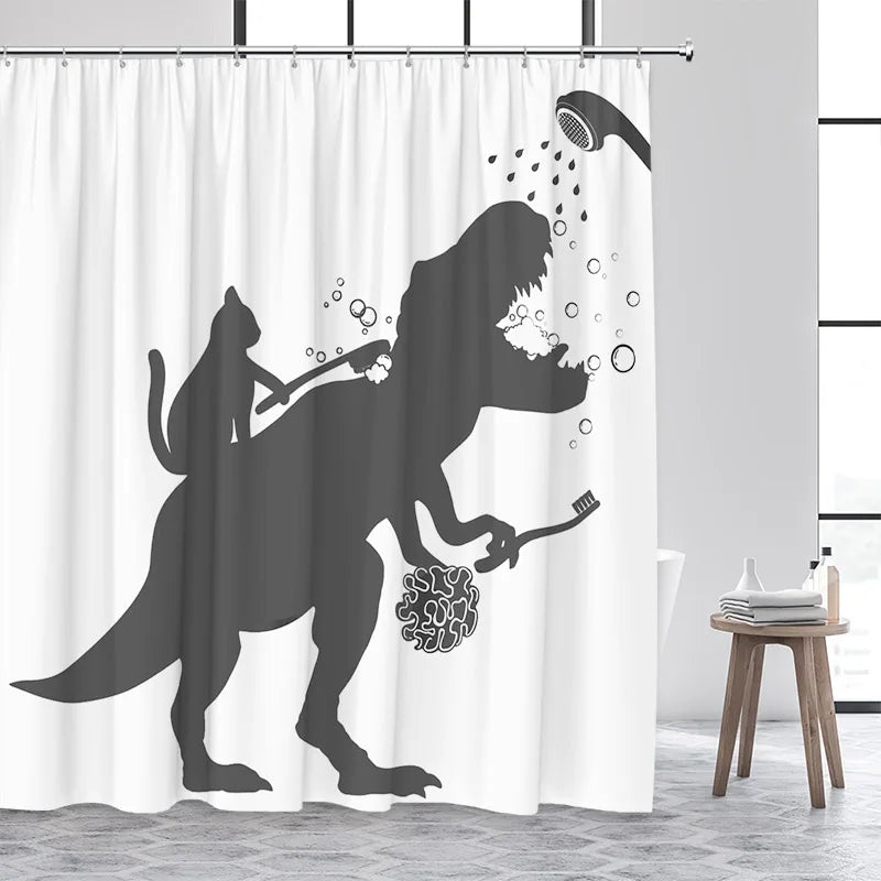 Cat Riding Dinosaur Shower Curtain with Ocean Wave Design