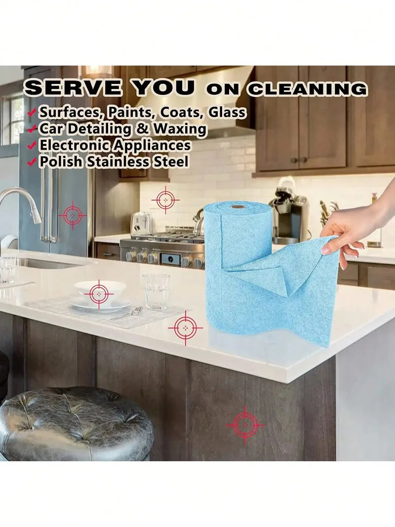 A roll of blue microfiber tear-off towels is shown on a kitchen counter with various cleaning services listed.