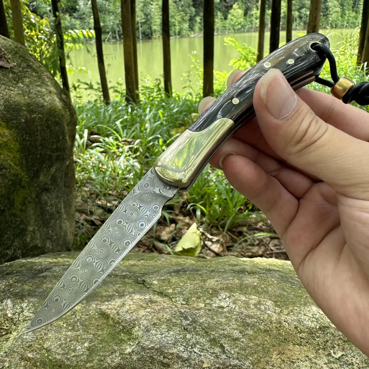 VG10 Damascus Steel Folding Knife with Water Buffalo Horn Handle
